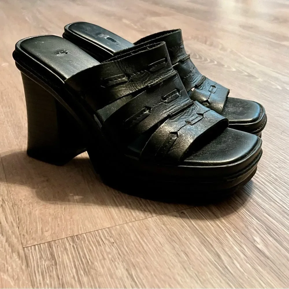 Y2K 90s Boho MIA Madden Chunky Leather Platform Slide Sandal Black Lug Sole 6.5